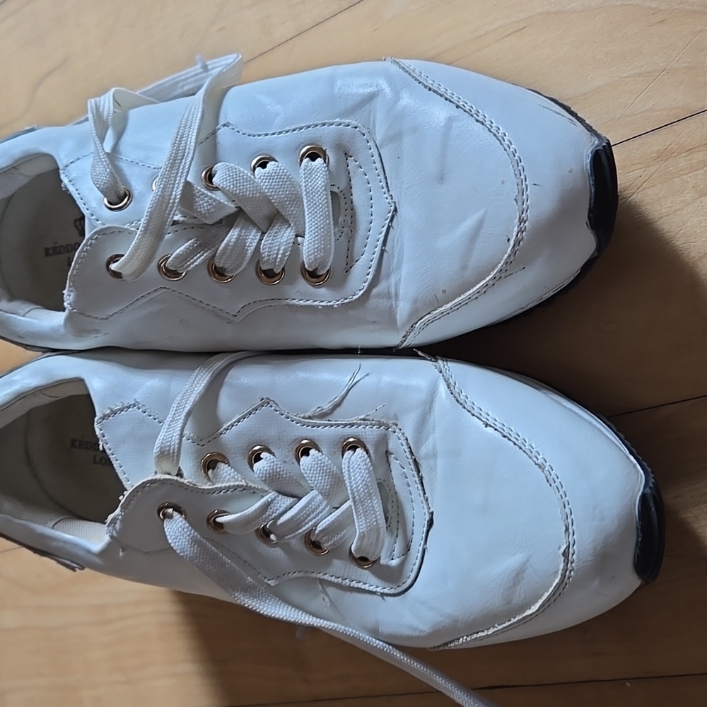 EURO RETRO FAUX LEATHER White GOLD STARS Platform Sneakers with Gold Trim 8.5 - Picture 7 of 12